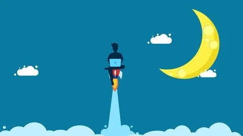Grow in the line of work. man working on laptop fast like a rocket Stock Illustration