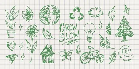 Grow Slow eco doodle elements. Hand drawn sketch icons in natural notebook .. イラスト素材