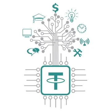 Grow Tether crypto tree on CPU computer chip Illustrazione stock