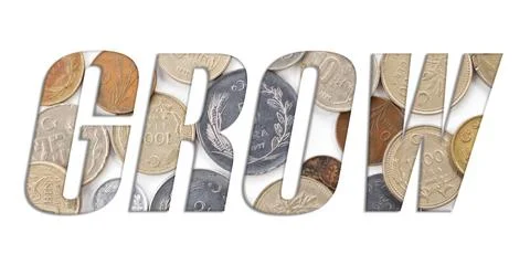 GROW  word with stack of old Turkish coins on white background Foto stock