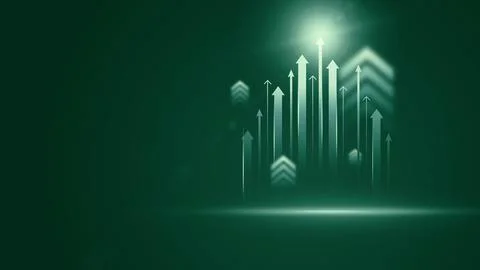 Growing arrows point upward in a dark green space showing progress and Stock Illustration