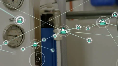 Growing avatar network radiating from single overlay across rack with gauges Stock Footage 330547146