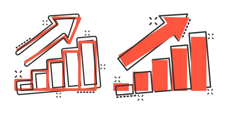 Growing bar graph icon in comic style. Increase arrow cartoon vector illustra Illustrazione stock