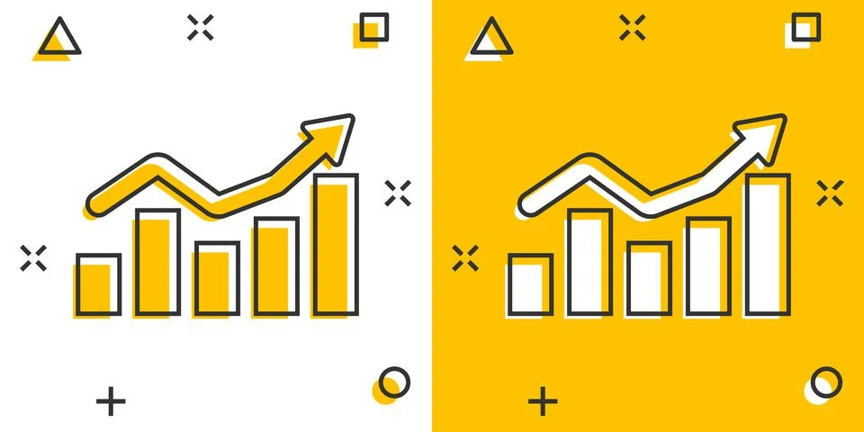 Growing bar graph icon in comic style. Increase arrow vector cartoon illustra Illustrazione stock