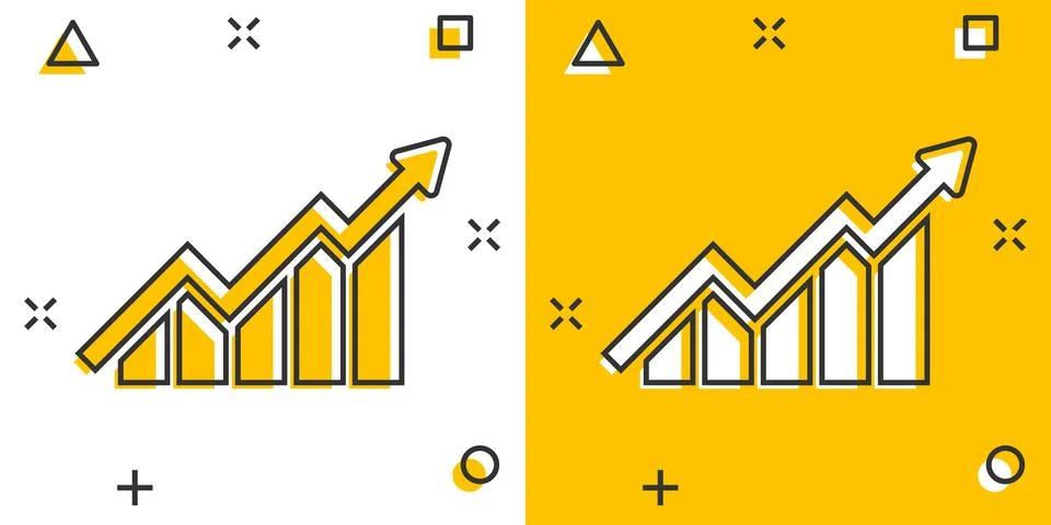 Growing bar graph icon in comic style. Increase arrow vector cartoon illustra Stockillustratie