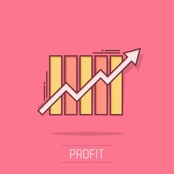 Growing bar graph icon in comic style. Increase arrow vector cartoon illust.. Stock Illustration