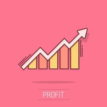 Growing bar graph icon in comic style. Increase arrow vector cartoon illust.. Stock Illustration