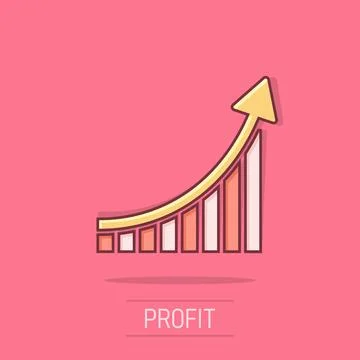 Growing bar graph icon in comic style. Increase arrow vector cartoon illust.. Stock Illustration