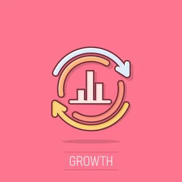 Growing bar graph icon in comic style. Increase arrow cartoon vector illust.. Illustrazione stock