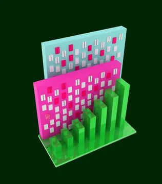 Growing business graph green chart. Residential building on dark background. Ilustración de archivo