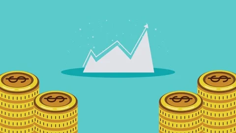Growing business graph with stacks of gold coins motion footage on turquois.. Видео 339066522