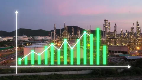 Growing chart on aerial refinery footage background. Growing graph animatio.. Video stock 291364695