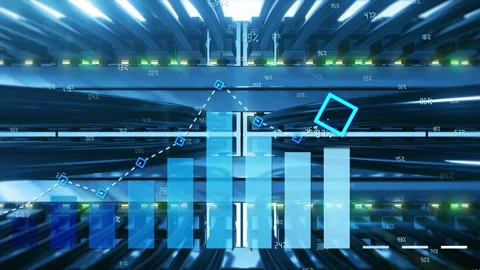 Growing chart on background of communication equipment in hosting data center Stock Footage 250882959