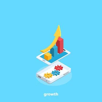 Growing chart on the smartphone and gears inside, isometric image Stock Illustration