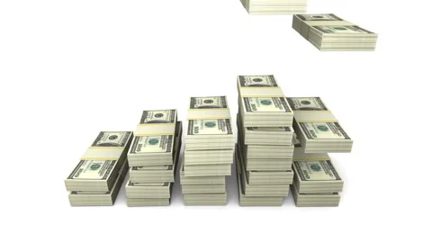 Growing chart of stacks of 100 dollars US bills. Five stacks on white. Animation Stock Footage 99452238