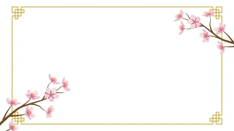 Growing Chinese styled line frame and Blooming Cherry blossom Stock Footage 100742316