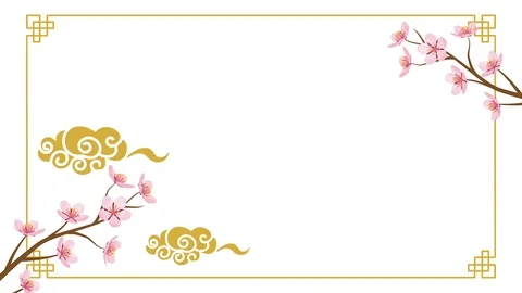 Growing Chinese styled line frame and Blooming Cherry blossom, floating cloud Stock Footage 100742789