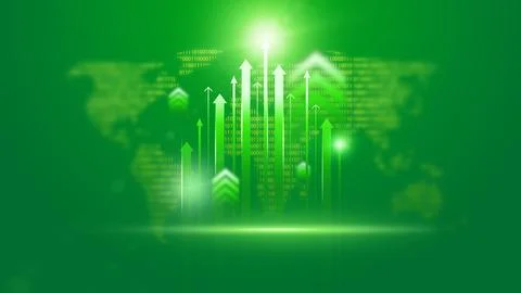Growing data trends on a green background with digital arrows and binary numbers Stock Illustration