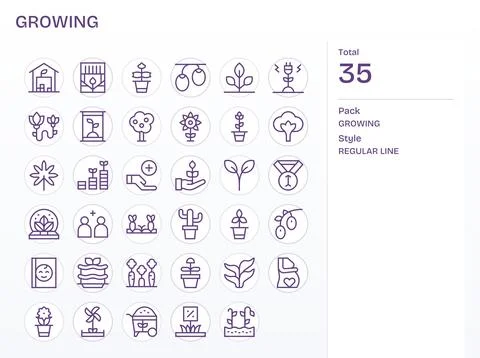 Growing Design Vector Icons featuring 35 Editable Regular Line Style Stock Illustration