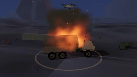 Growing explosions consume a hit vehicle at dusk Stock Footage 342390600