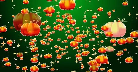 Growing falling pumpkin BG with particle. Falling pumpkin on a green backgr.. Stock Illustration
