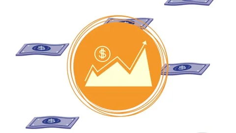 Growing financial chart in circle surrounded by rising dollar bills motion .. Stock Footage 333302190