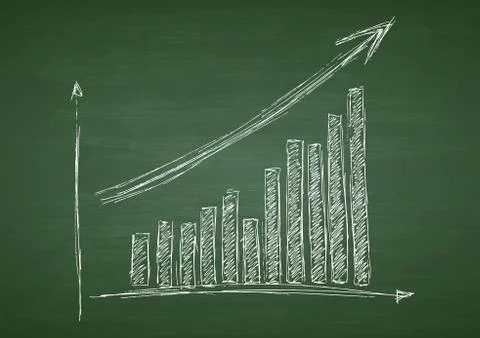 Growing graph hand drawing with arrow on green chalkboard Illustrazione stock