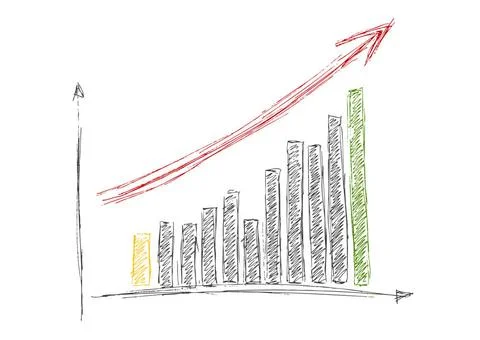Growing graph hand drawing with arrow isolated on white Growing graph hand... Stock Photos