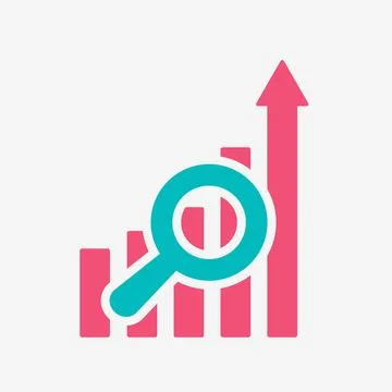 Growing graph with magnifying glass. Chart columns, highest one ends with up Stock Illustration