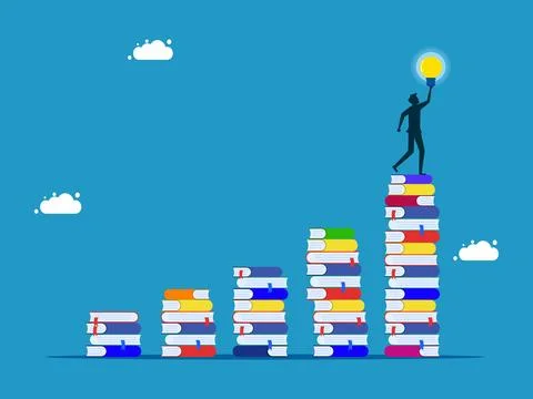 Growing knowledge or learning hierarchy. man holding a light bulb on a growin Stock Illustration
