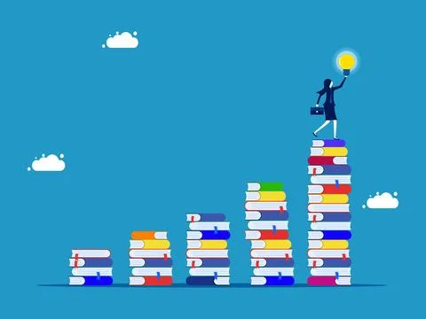 Growing knowledge or learning hierarchy. Businesswoman holding a light bulb o Illustrazione stock