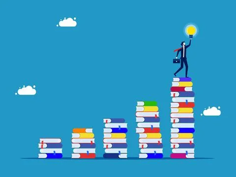 Growing knowledge or learning hierarchy. Businessman holding a light bulb on  Stock-Illustration