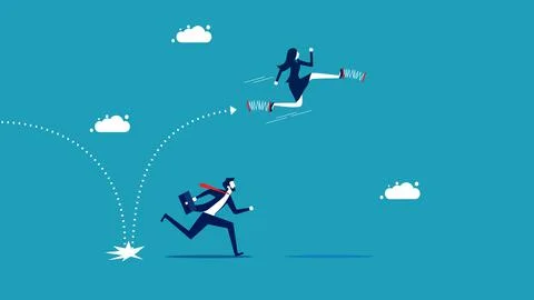 Growing by leaps and bounds over competitors. Businesswoman runs far with spr Stock Illustration