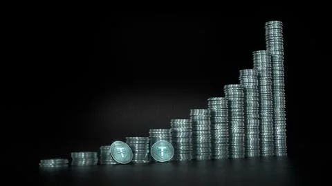 Growing from left to right stacks of USDT Tether coins 스톡 일러스트