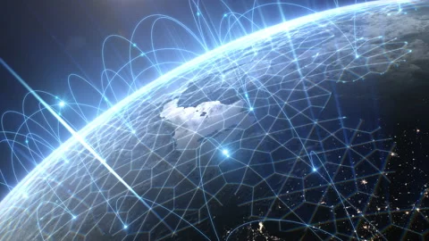 Growing Network Grid Over the Earth at Sunset. Digital Worldwide Blue Abstract Stock-Footage 195318955