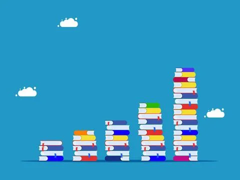 Growing pile of books. concept of progress in learning or knowledge Illustrazione stock