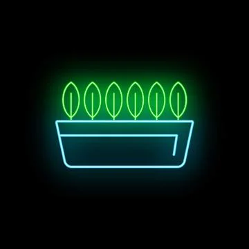 Growing plants in pot with neon light icon Stock Illustration