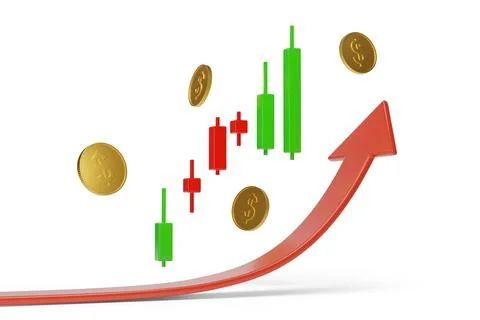 Growing Red Arrow up with candlestick chart and golden coins isolated on wh.. Stock Photos