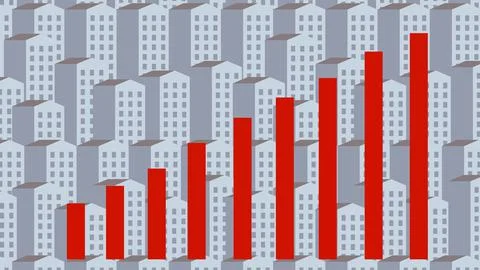 Growing red business graph chart on Residential building background. Ilustración de archivo