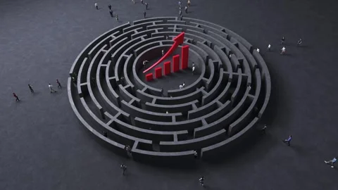 Growing red graph in the center or labyrinth and people entering to it. Vídeo Stock 290317958