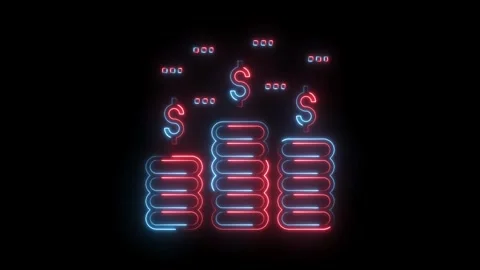 Growing stack of coins with dollar symbol neon glow on black background Stock Footage 322990338