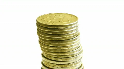 Growing stack of coins isolated on white, then decrease Stockbeeldmateriaal 700406