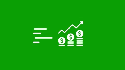 Growing stack of dollar coins with an upward trend line on a vibrant green .. Stock Footage 347377670