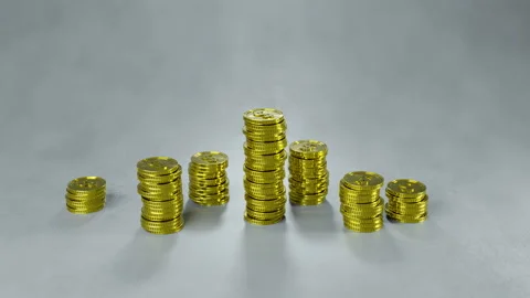 Growing stack of gold coins 3D render animation 4k UHD 3840x2160 Stock Footage 96088234