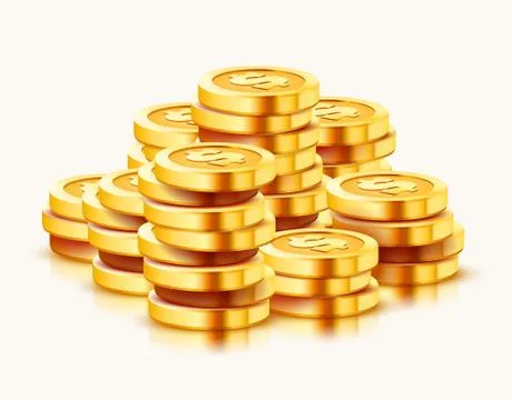 Growing stack of golden dollar coins isolated on white background. Economics Stock Illustration