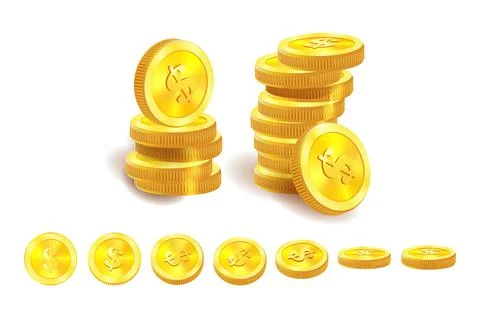 Growing stack of golden dollar coins isolated on white background. Economics Stock Illustration