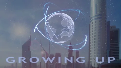 Growing UP text with 3d hologram of the planet Earth against the backdrop of the Stock Footage 99258175