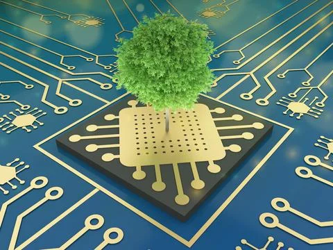 A growing tree rising at the intersection of a computer circuit board, Micro Stock Illustration