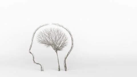 Growing Tree in a shape of human brain inside a head. Eco Concept. Stock Illustration