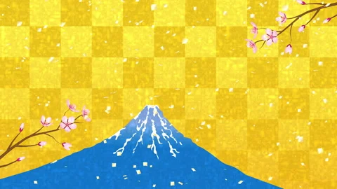 Growing two twig and blooming sakura flowers animation,Mt. Fuji, golden confetti Stock Footage 167402348